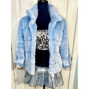 Sky Blue Faux Fur Festival Outfit  SzM Jacket, Sequin Top & Metallic Denim Skirt